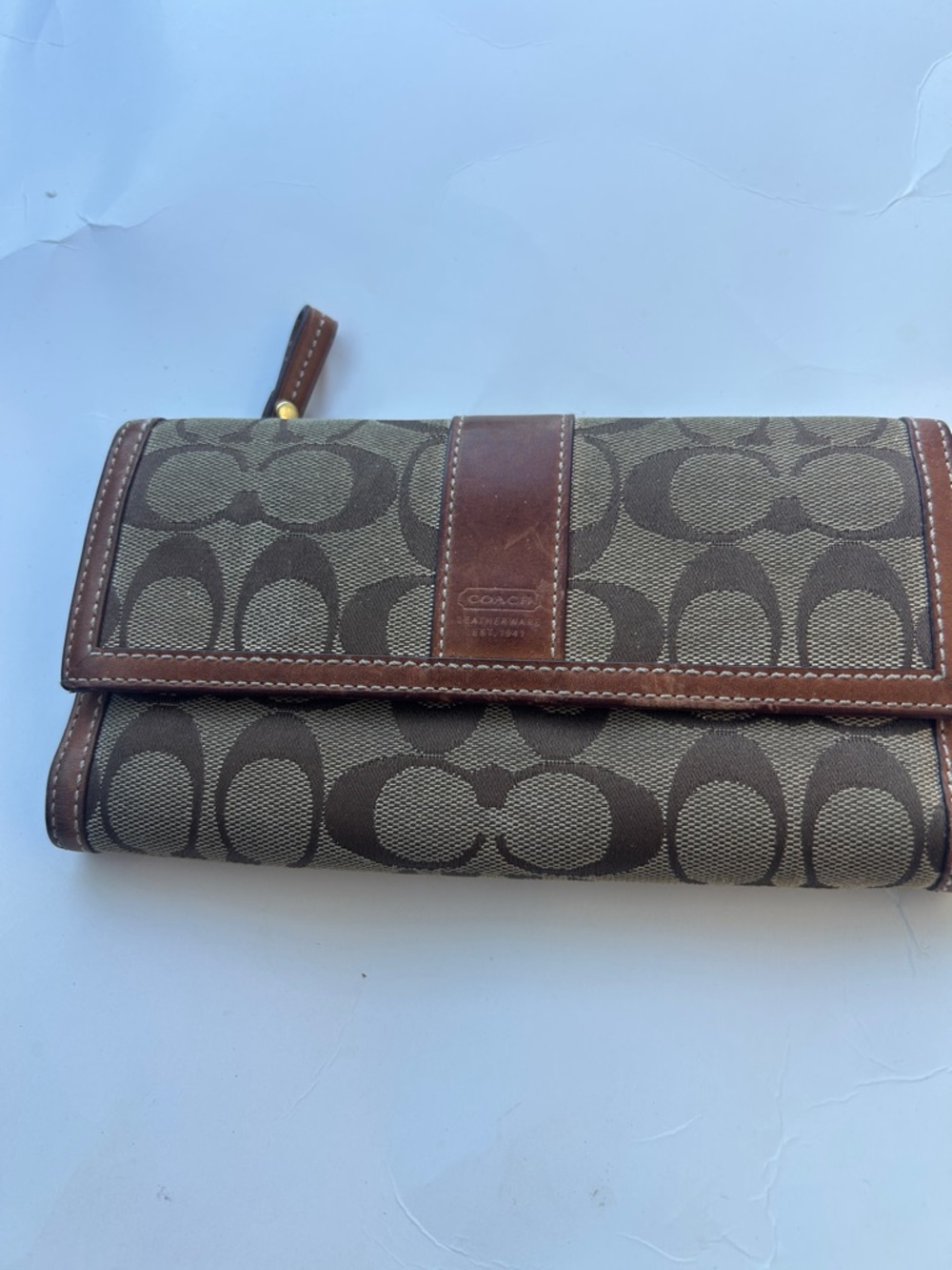 Coach Brown Signature Canvas Continental Wallet with Leather Trim